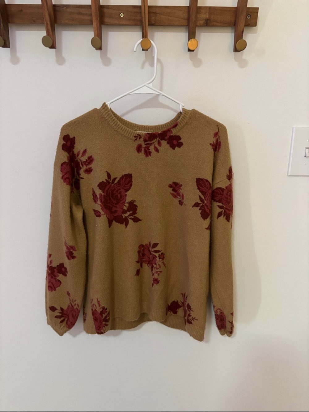 Taylor & Sage Camel Knit Sweater with Burgundy Floral Detail